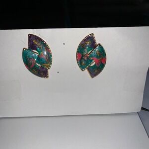 Vintage Enamel Abstract Geometric Post Earrings Teal Purple Gold 80s Statement